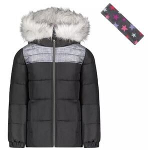 WEATHERTAMER Big Girls Bubble Coat and Headband, 2 Piece Set Black 10/12